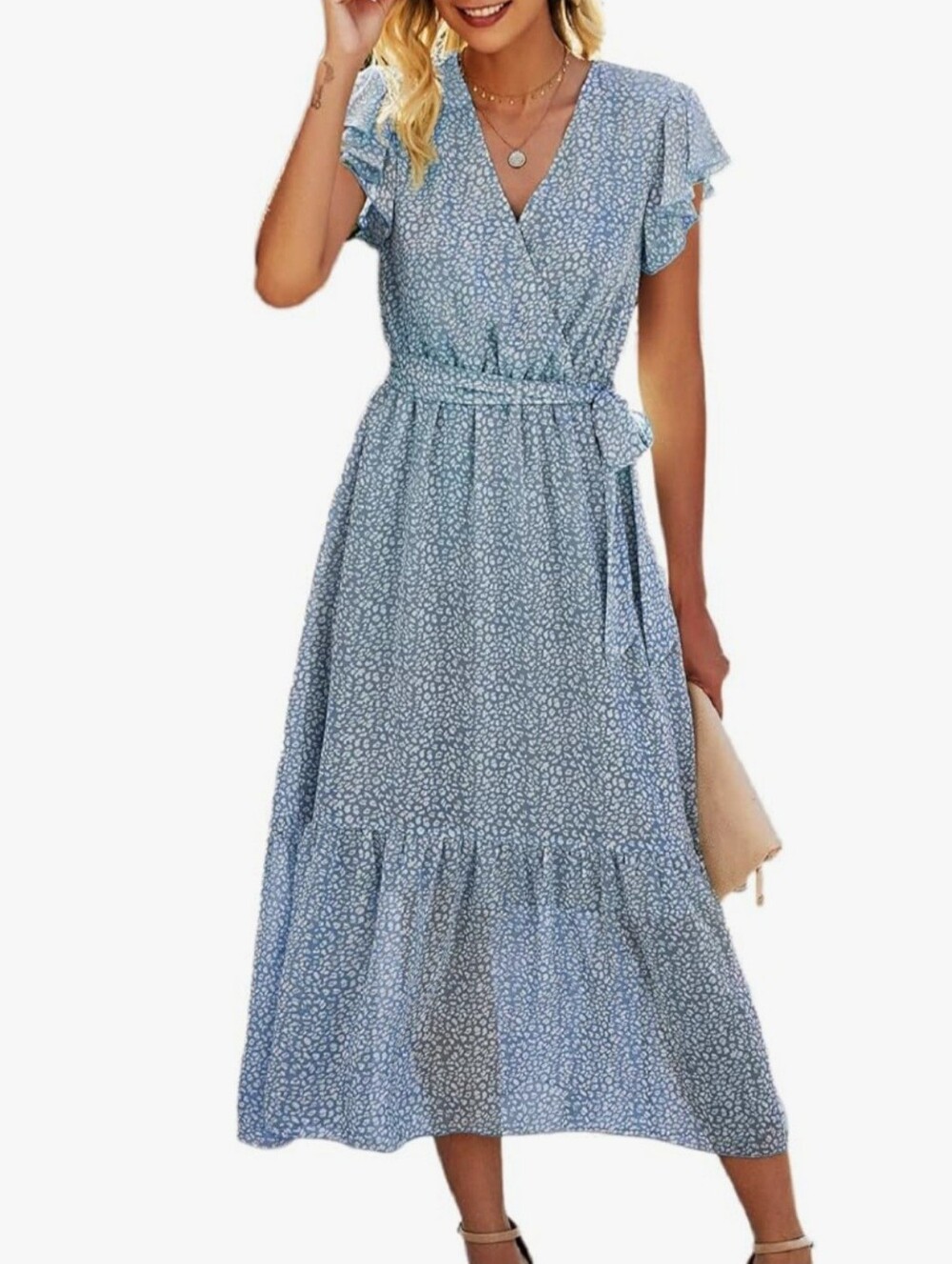 Yacun Light Blue Subtle Cheetah Maxi Wrap Dress with Self-Tie Waist, Ruffle Hem